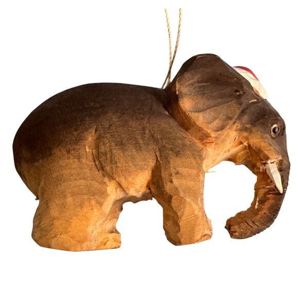 Hand-Carved Balsa Wood Elephant Ornament With Red Cap - Picture 2 of 6